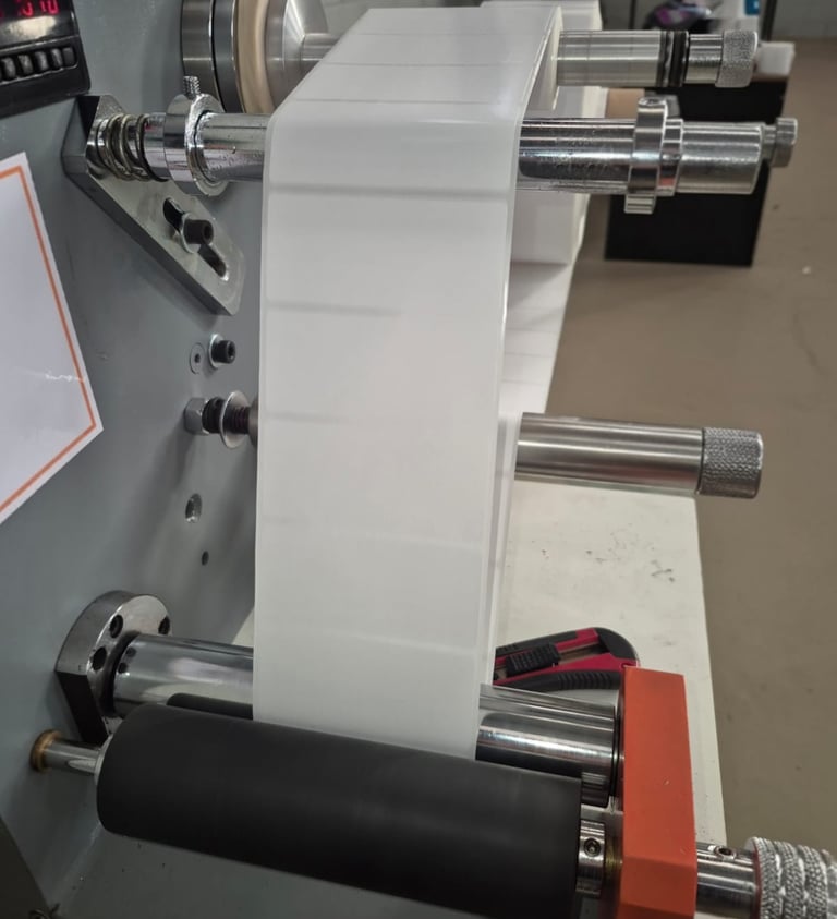 Maquina rebobinadeira com um rolo de etiqueta branca.