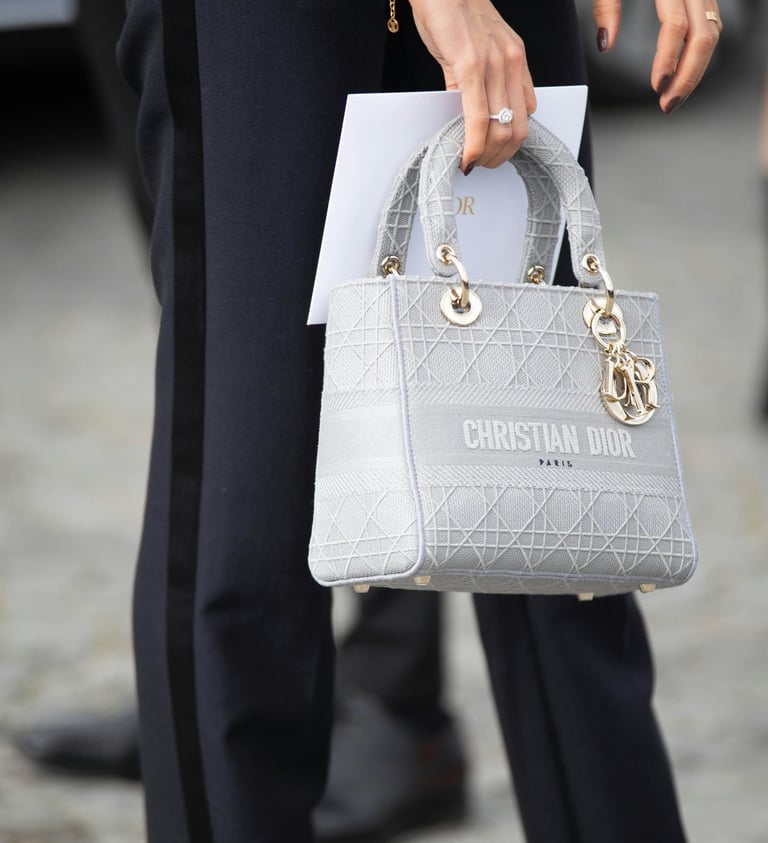 Person in black pants holding grey Dior leather handbag