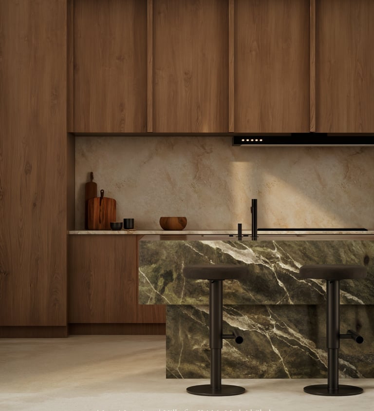 Wood cabinetry and a patterned green marble island in a contemporary kitchen.