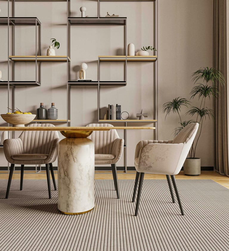 Elegant dining area with marble furniture and designer velvet seating in a warm minimalist style.