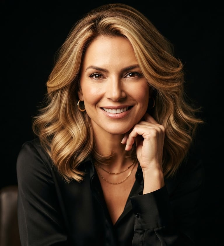 Elegant portrait of Simone Castro, a woman in her 40s with sophisticated, multi-dimensional blonde highlights, looking confidently at the camera. Warm studio lighting, rich black background, shallow depth of field, 85mm lens.
