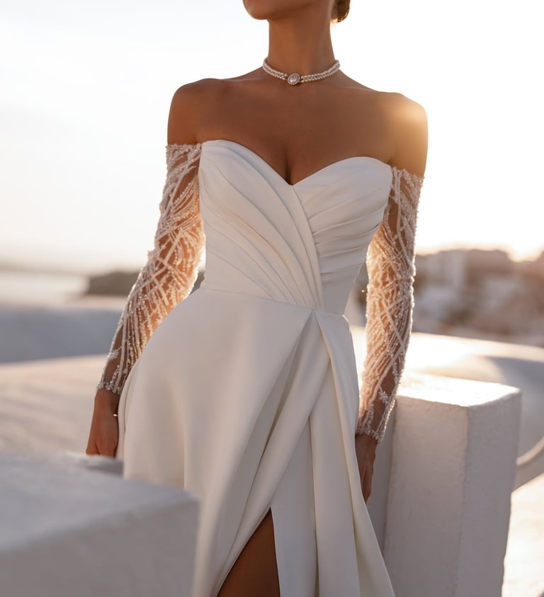 a woman in a white dress with a long sleeved dress