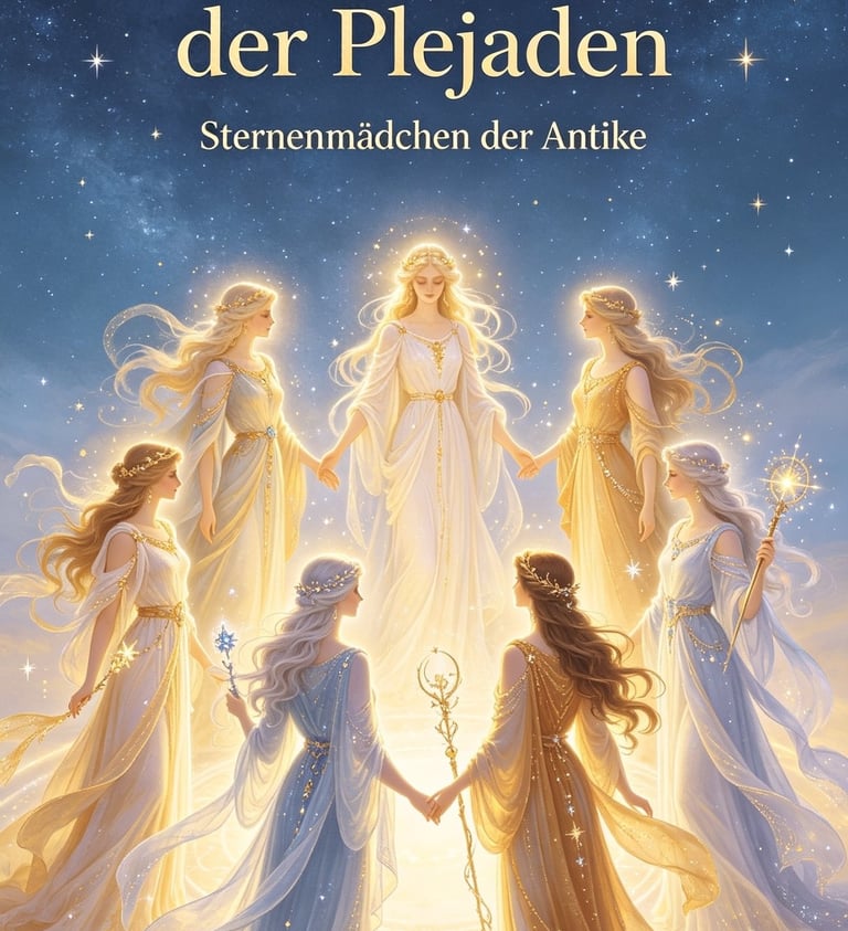 Seven ethereal goddesses of the Pleiades star cluster standing in a circle under a starry night sky.