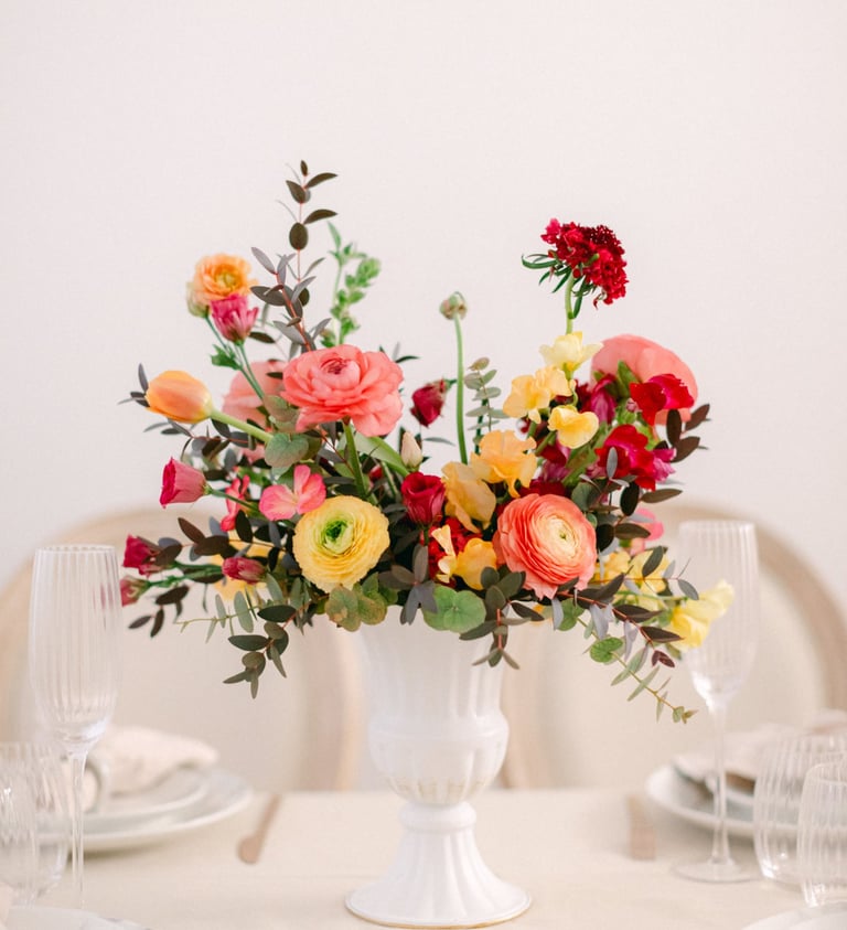 Centre de table fine art renoncules rose jaune