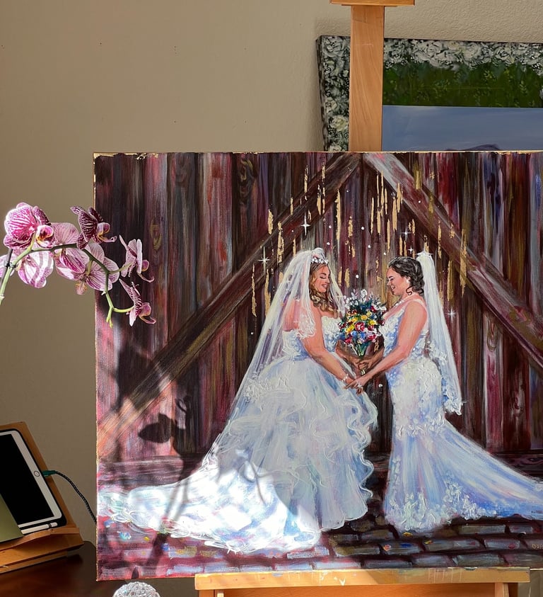 Beautiful two brides looking at each other in Live wedding painting by Nominsstudio.com