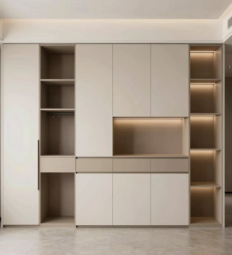 A luxury commercial office lounge with mid-century modern furniture and glass partitions. The space uses a palette of grey and black with soft off-white walls, showcasing a professional North American workplace.