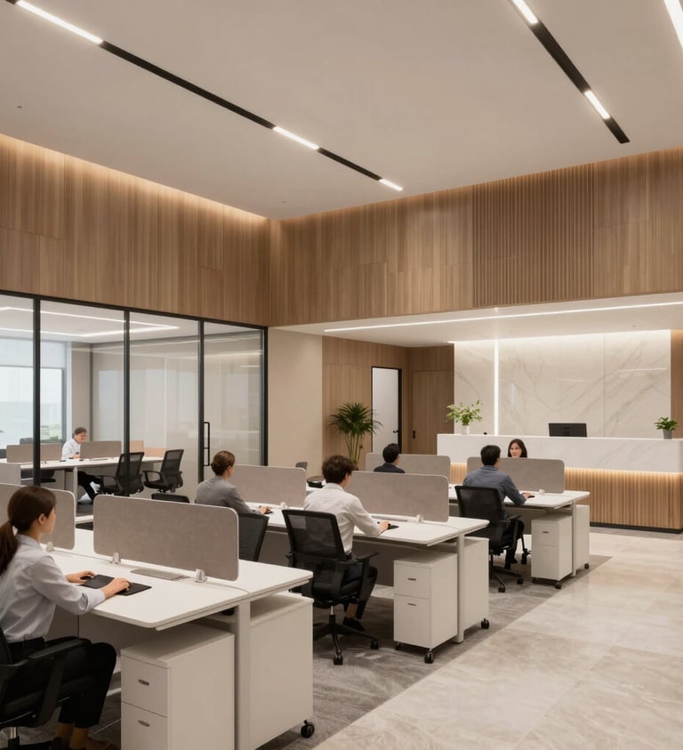 A luxury commercial office lounge with mid-century modern furniture and glass partitions. The space uses a palette of grey and black with soft off-white walls, showcasing a professional North American workplace.