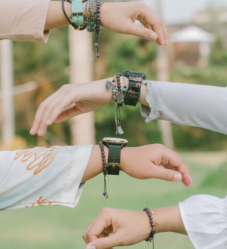 Close detail of friendship bracelets during photoshoot at Candi Beach Resort Karangasem Bali
