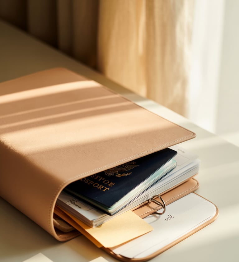 A tan leather travel document organizer holding a blue passport and notebooks on a desk in sunlight.