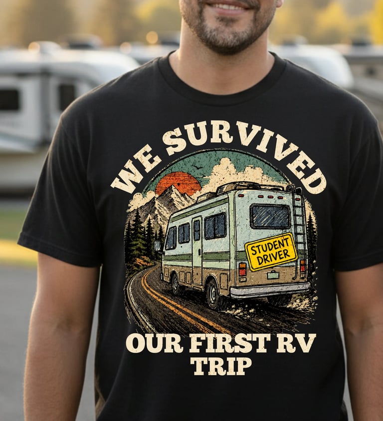 Funny RV camping shirts collection — We Survived Our First RV Trip tee by Horacio & Visconti