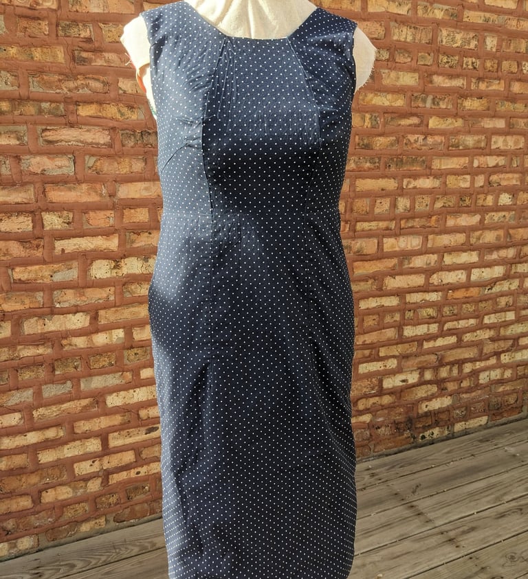 Navy and white polka dot sheath dress