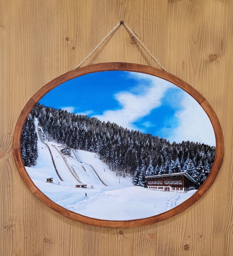 Saut à ski des Tuffes et son médaillon sont peints en trompe-l'oeil sur une porte en bois