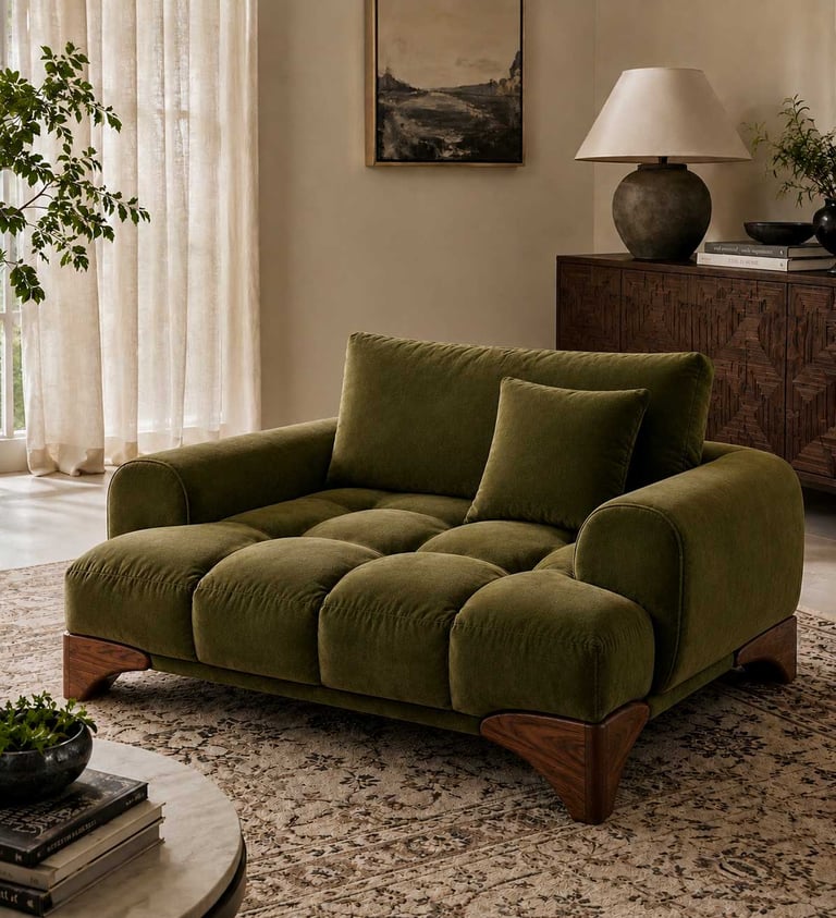Olive green tufted accent chair with a walnut wood base in a warm, elegant living room