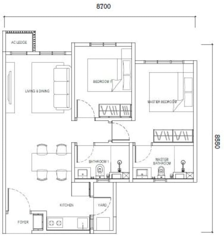 Type D layout – 667sf 2-bedroom 2-bathroom apartment near Johor RTS