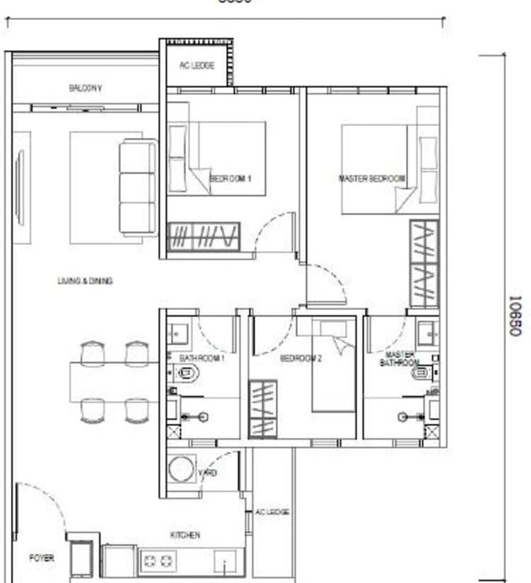 Type E1 layout – 850sf 3-bedroom 2-bathroom apartment with balcony, walk to RTS
