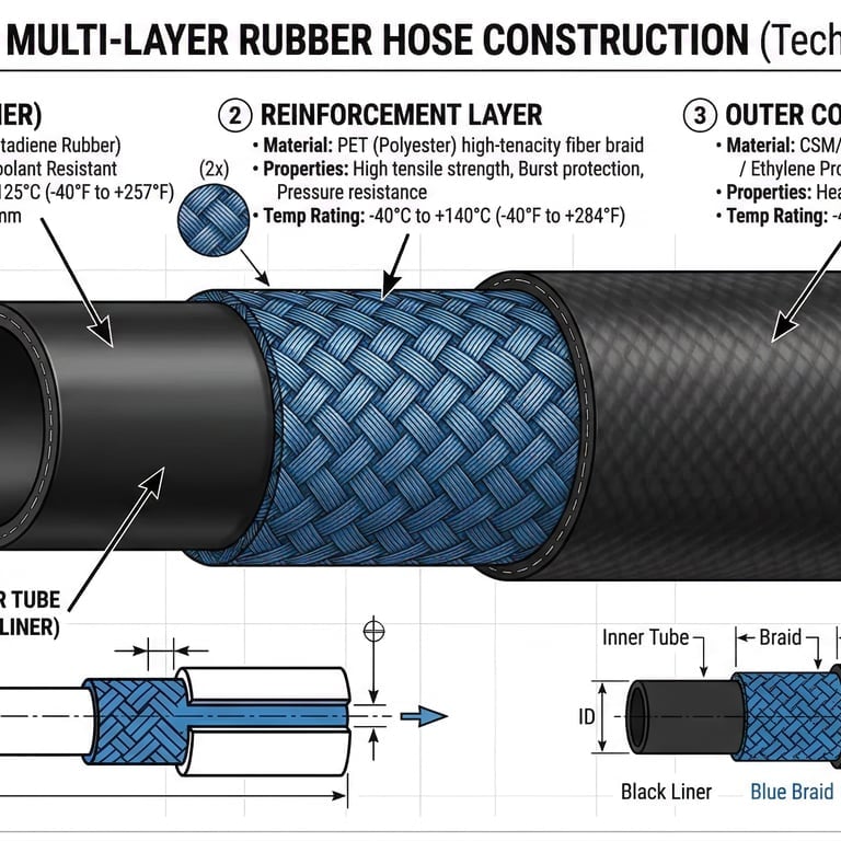 Rubber hose construction with inner tube, reinforcement layer and outer cover