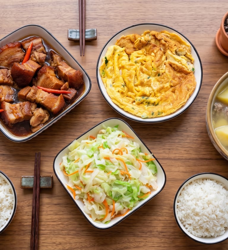 Thực đơn 2: Thịt kho tàu + Trứng rán + Bắp cải xào