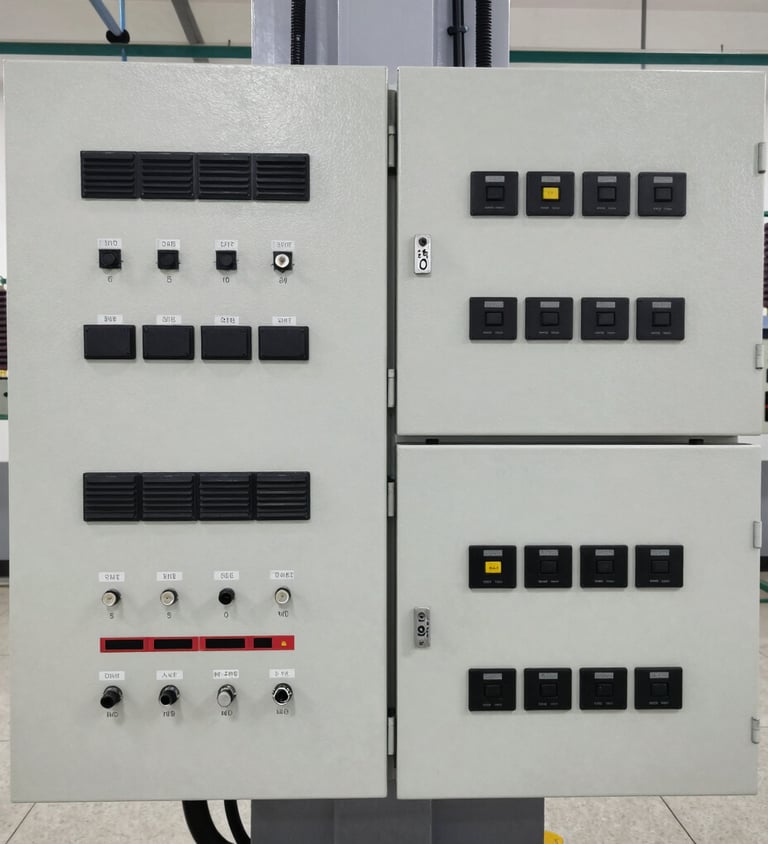 Technicians inspecting a high-performance electrical system in an industrial plant under bright lighting