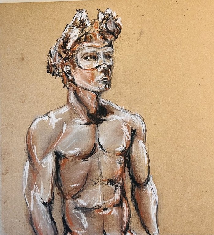 Expressive charcoal and pastel figure drawing of a muscular man wearing a mask and crown.