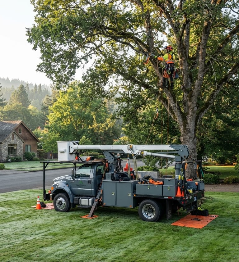 Specialized tree service truck with low-impact rigging parked on a pristine lawn, arborist in high-vis gear inspecting a tree crown, crisp morning daylight, forest green and slate tones, sharp detail, 35mm lens, wide environmental shot.