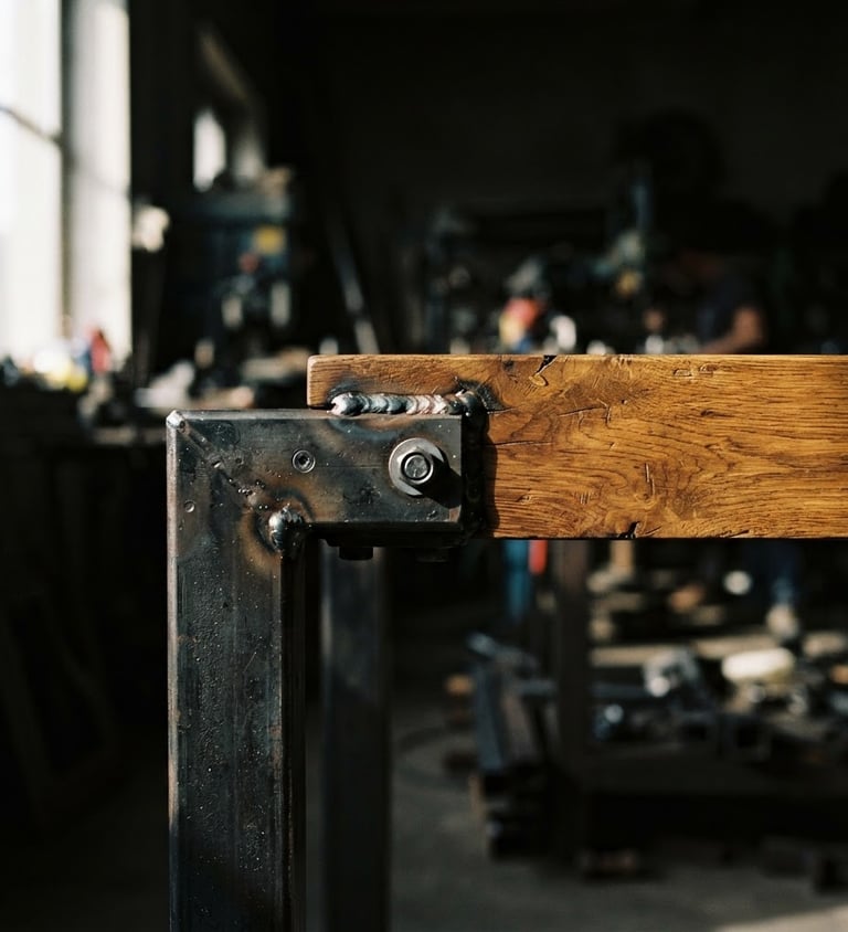 Gros plan sur un assemblage de table industrielle en bois de chêne massif et acier brut, avec des soudures apparentes et la texture du bois mise en valeur, sous une lumière latérale dramatique d'atelier, tons chauds et froids contrastés.