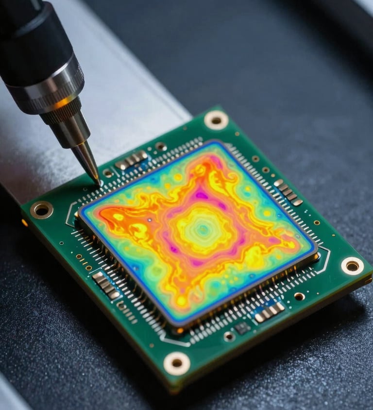Extreme close-up overhead shot of a silicon carbide power module cross-section on a test bench, thermal false-color imaging overlay showing heat distribution across die attach layers, hard studio strobe lighting with deep shadows, precision measurement probe visible at left edge, dark slate background