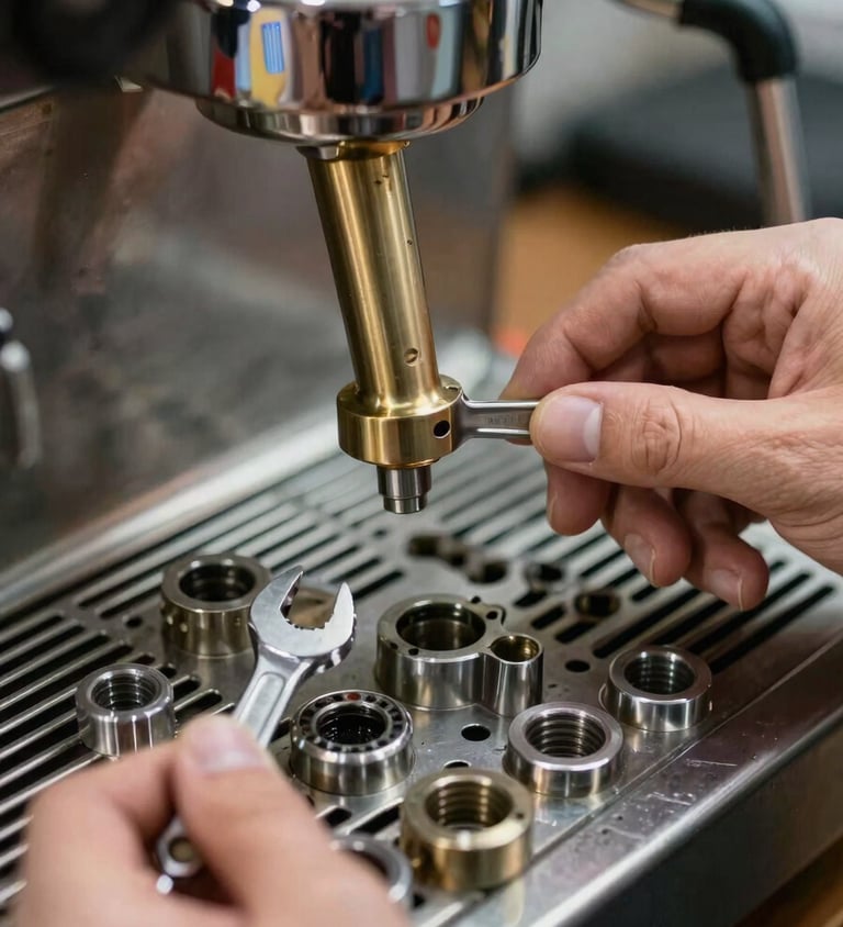 Extreme close-up of espresso machine brass group head being disassembled, technician's hands with small wrench, components laid out in precise order on dark steel surface, bright even workshop light from above, no faces