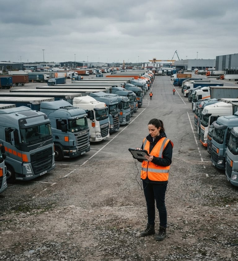 Wide shot of a modern logistics fleet parked in a large industrial yard under an overcast sky, a consultant in a high-vis vest reviewing a tablet, desaturated steel and safety orange tones, 35mm lens, low horizon.