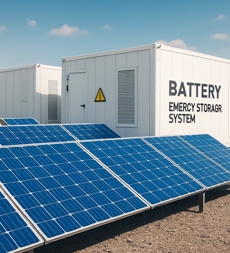 Close technical view of utility-scale battery energy storage system enclosures installed on a concrete pad, industrial overcast lighting, cable conduits and monitoring sensors visible, engineered infrastructure framing