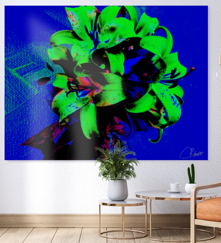 Canvas Print with pop art style Lily flowers printed on it with a couch underneath the canvas print 