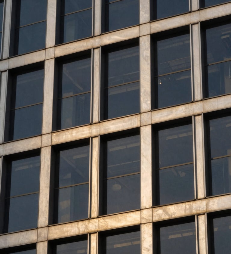 Close-up of a modern architectural detail of Abuja's central business district, sharp window light reflecting off steel and glass, professional corporate aesthetic.