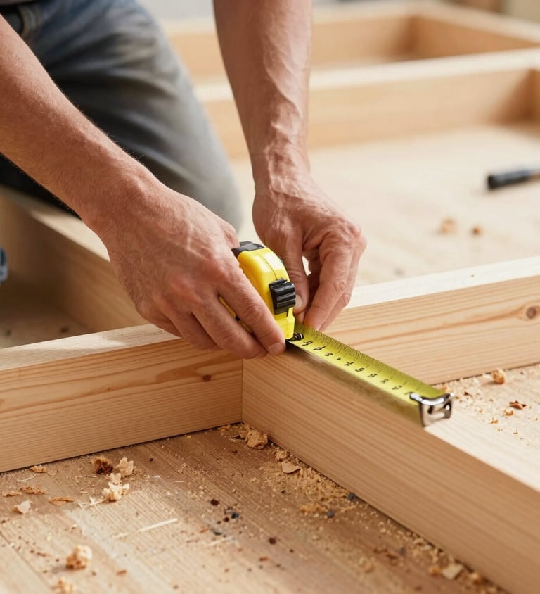 A skilled carpenter's hands precisely measuring a plank of wood with a tape measure, sawdust visible, bright natural daylight, sharp focus on the hands and wood grain, clean architectural framing, 35mm