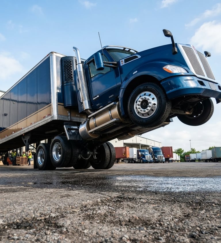 Low-angle heroic shot of a clean commercial semi-trailer, heavy-duty wheels visible, under bright morning daylight, logistics yard in background.