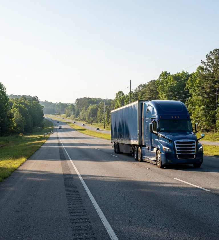 Wide shot of a modern Zaria Enterprises semi-truck on a highway in the Southeast, early morning sun, crisp industrial tones, sharp focus, 35mm lens, truck is on the right third of the frame.
