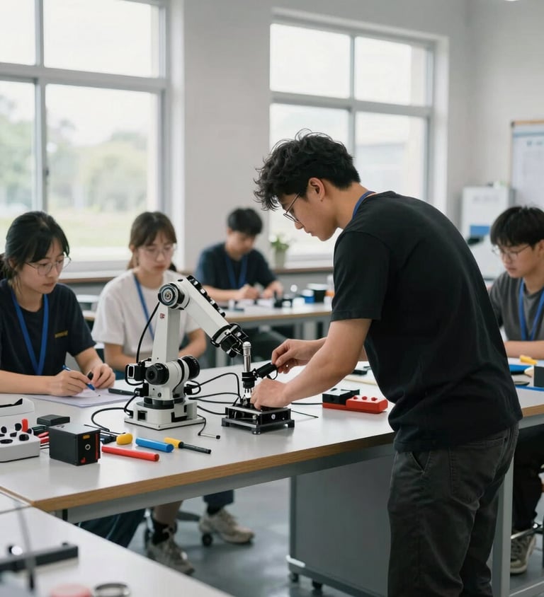 Wide workshop room shot from the back, instructor leaning over a workbench demonstrating a robotics assembly to a small group, tools and components visible on the table, hard daylight from side windows