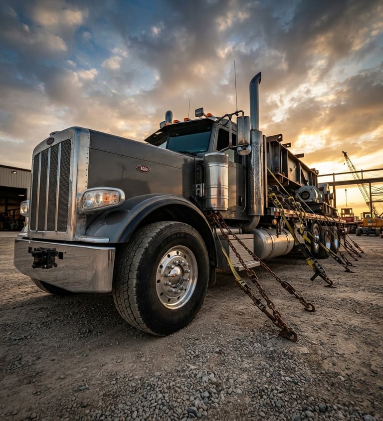 High-contrast image of a heavy-duty flatbed truck, fully rigged, parked under dramatic early morning sunlight, with chains and straps visible, emphasizing readiness and industrial strength. Low angle shot to emphasize scale.