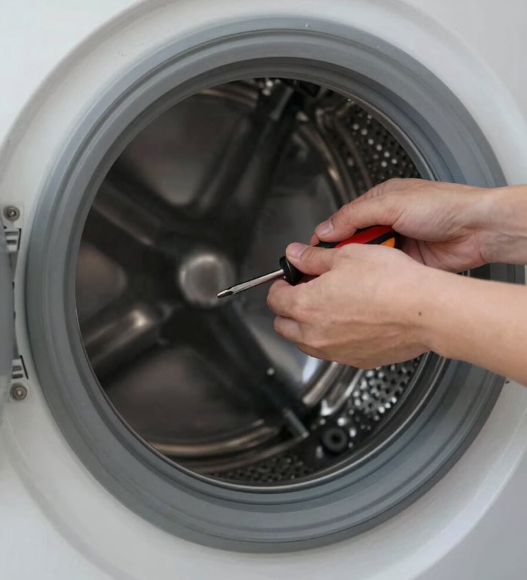 Close-up of a technician's hands removing the drum panel of a front-load washing machine, bright natural window light from the left, screwdriver visible mid-action, laundry room context in soft focus behind