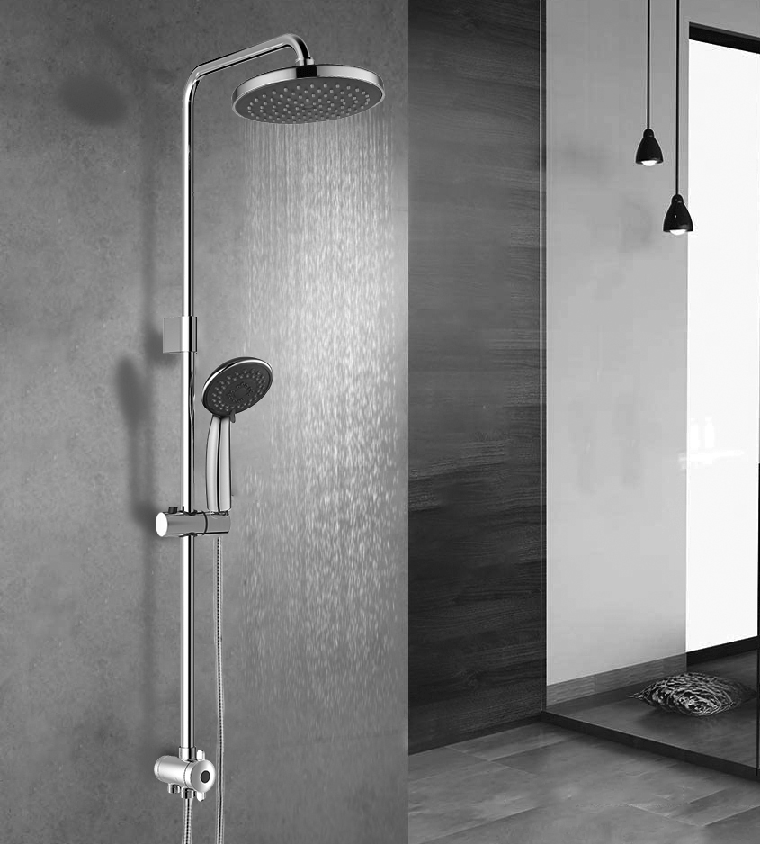 Modern chrome rainfall shower head with handheld sprayer system mounted on a grey bathroom wall.