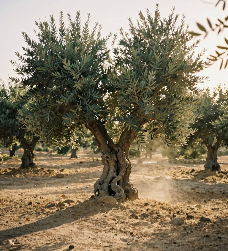 Soft golden hour light over an ancient olive grove in Israel, dust motes in the air, warm documentary style, 35mm film