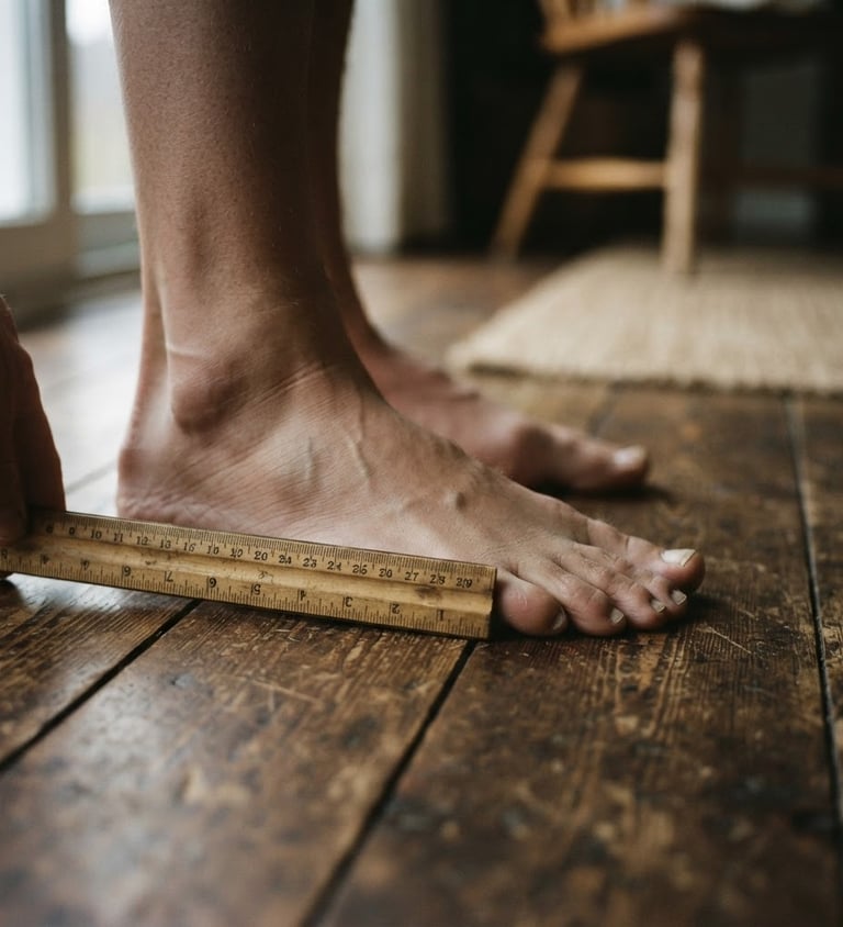 Close-up of a person's bare foot being measured with a ruler on a wooden floor, natural overcast daylight, focus on the ruler and foot, earthy tones, 35mm lens