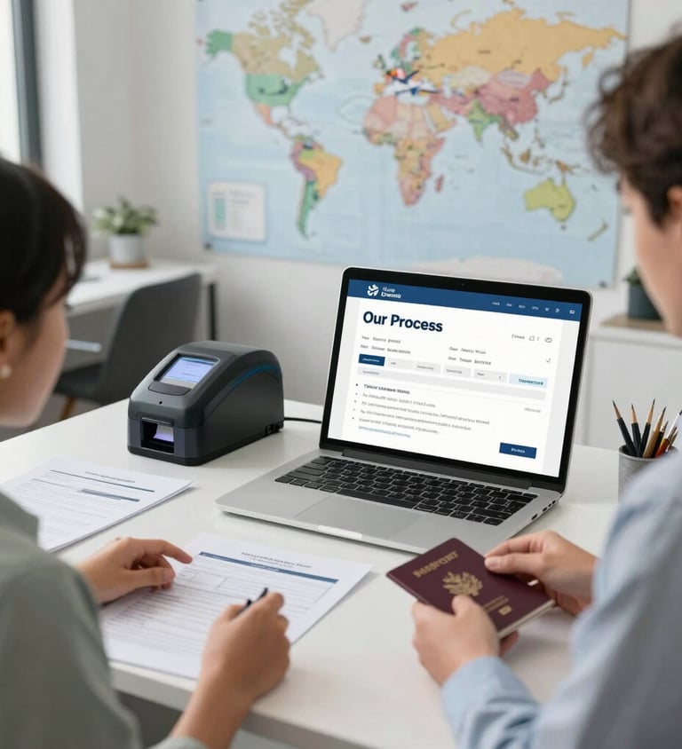 A sleek, modern flowchart showing five connected steps with icons representing consultation, documentation, filing, biometrics, and visa approval.