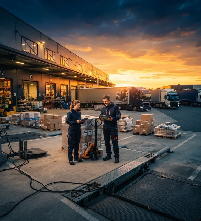 Wide panoramic of a modern, clean warehouse loading dock at golden hour, secured industrial cargo pallets being consolidated by logistics coordinators using digital dispatch screens, deep navy and orange tones, sharp focus.