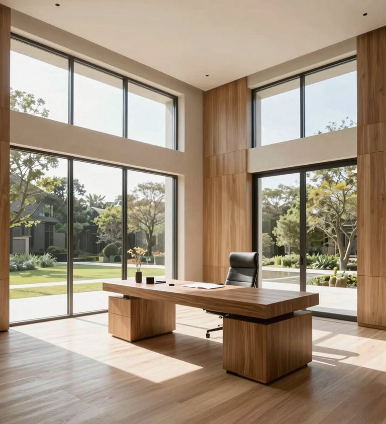Architectural interior of a luxurious home office with large windows, natural light, minimalist design, and premium wooden finishes, seen from a wide-angle perspective.