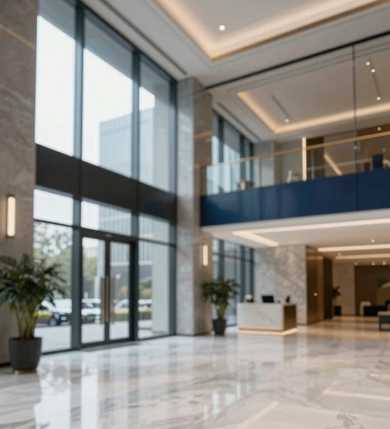 A wide-angle, high-end shot of a modern corporate lobby with floor-to-ceiling glass and marble floors. The lighting is sophisticated and clean, featuring a subtle navy blue and gold color palette in the decor.