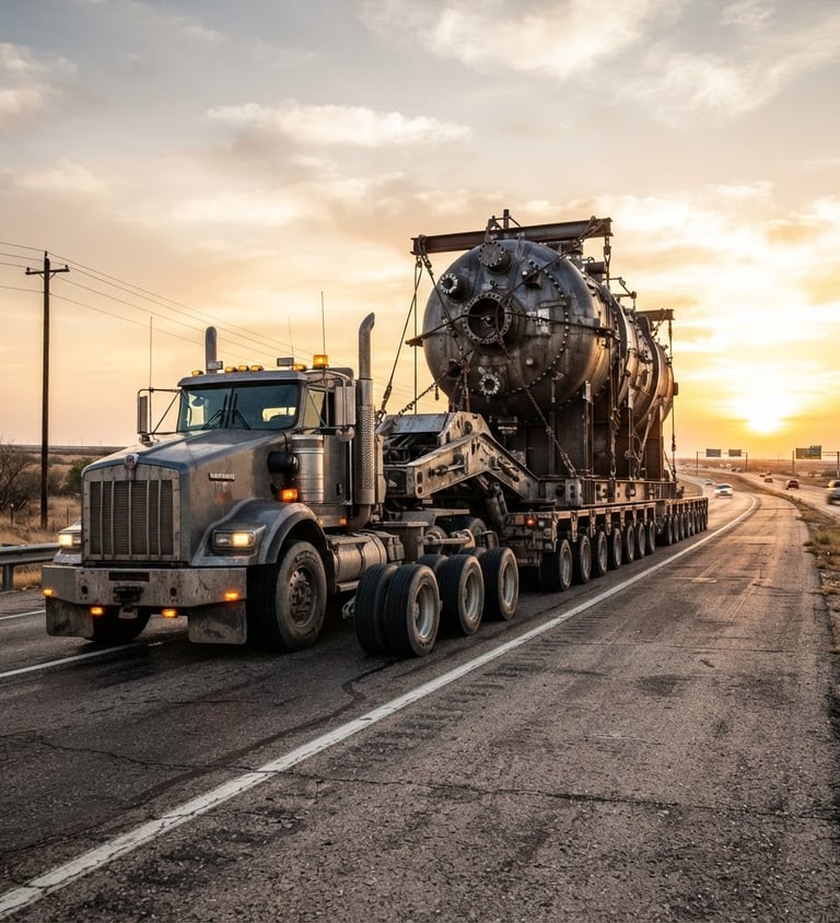 Low-angle shot of a massive multi-axle heavy-haul trailer carrying an oversized industrial component on a Texas highway at golden hour, sharp focus, high-contrast metallic tones, gritty industrial photography.