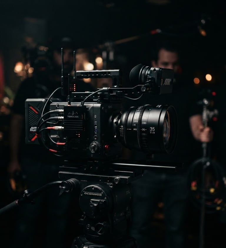 Câmera de cinema profissional em um set de filmagem, com iluminação dramática de chiaroscuro, foco nas lentes e no corpo da câmera, fundo escuro e desfocado, cinematic film photography, dramatic high-contrast lighting, deep blacks with subtle red accents, anamorphic lens, 35mm.
