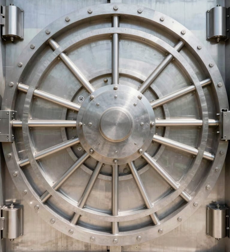 Symmetrical architectural shot of a massive steel vault door, high-contrast daylight highlighting mechanical locking bolts, industrial precision