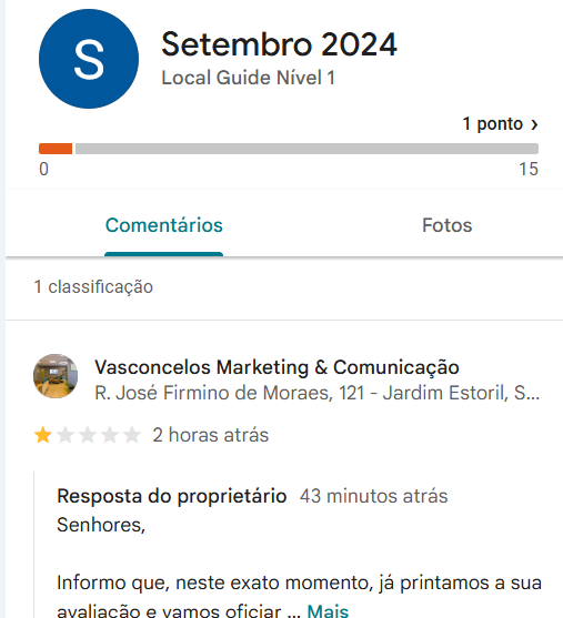 Imagem de um review na plataforma Google Perfil da Empresa
