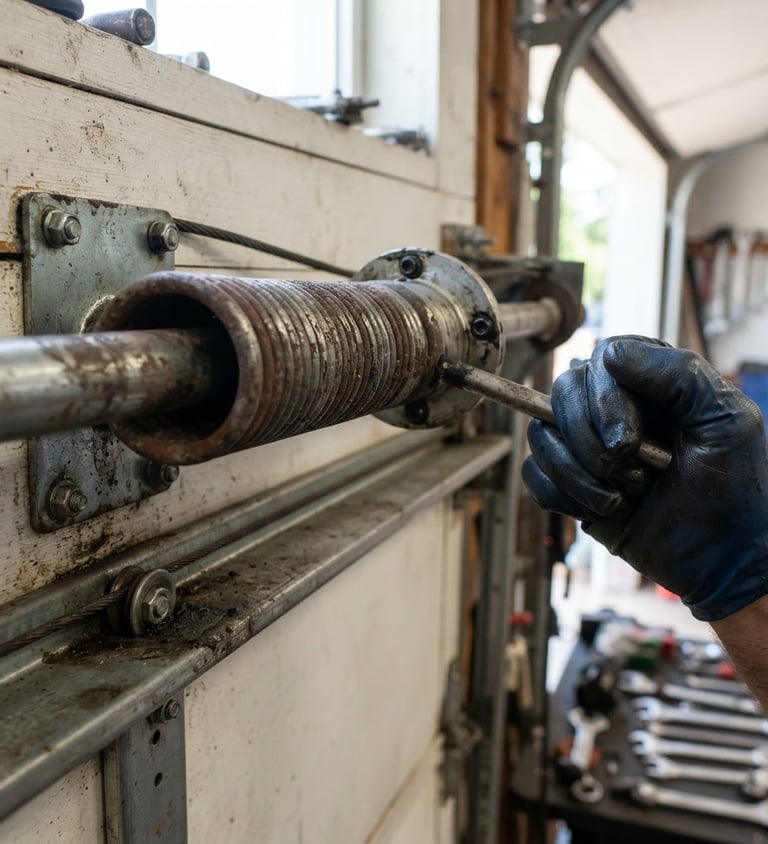 Close-up of a garage door torsion spring, showing wear and tear, with a technician's gloved hand nearby, bright natural daylight, clean industrial tones, high detail, 35mm lens.