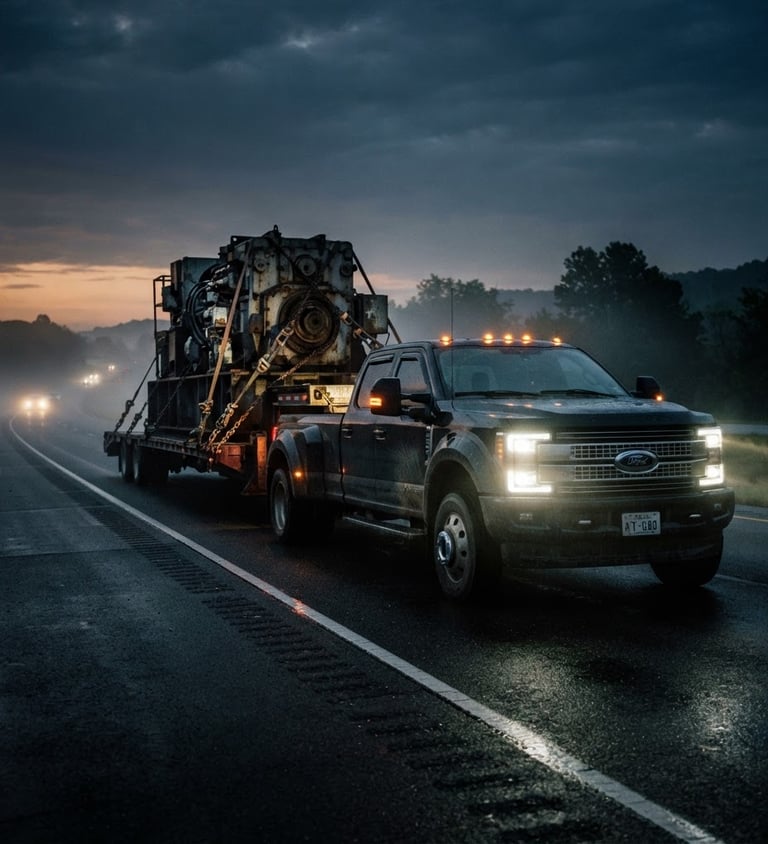 Low-angle heroic shot of a heavy-duty dually truck pulling a flatbed trailer loaded with massive industrial machinery, secured with specialized steel rigging, headlights cutting through mist at dawn, high contrast, sharp details.